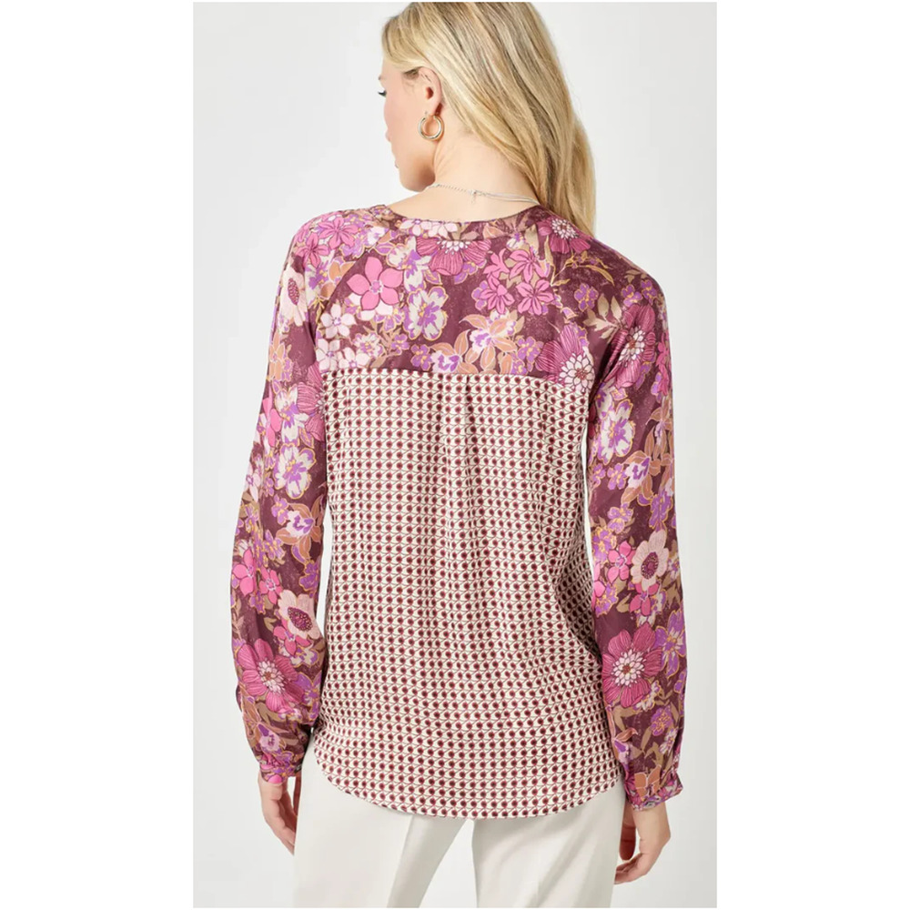 Mystree Button Up Shirt Womens S Merlot Burgundy Tie Front Mixed Floral Boho - Picture 4 of 13